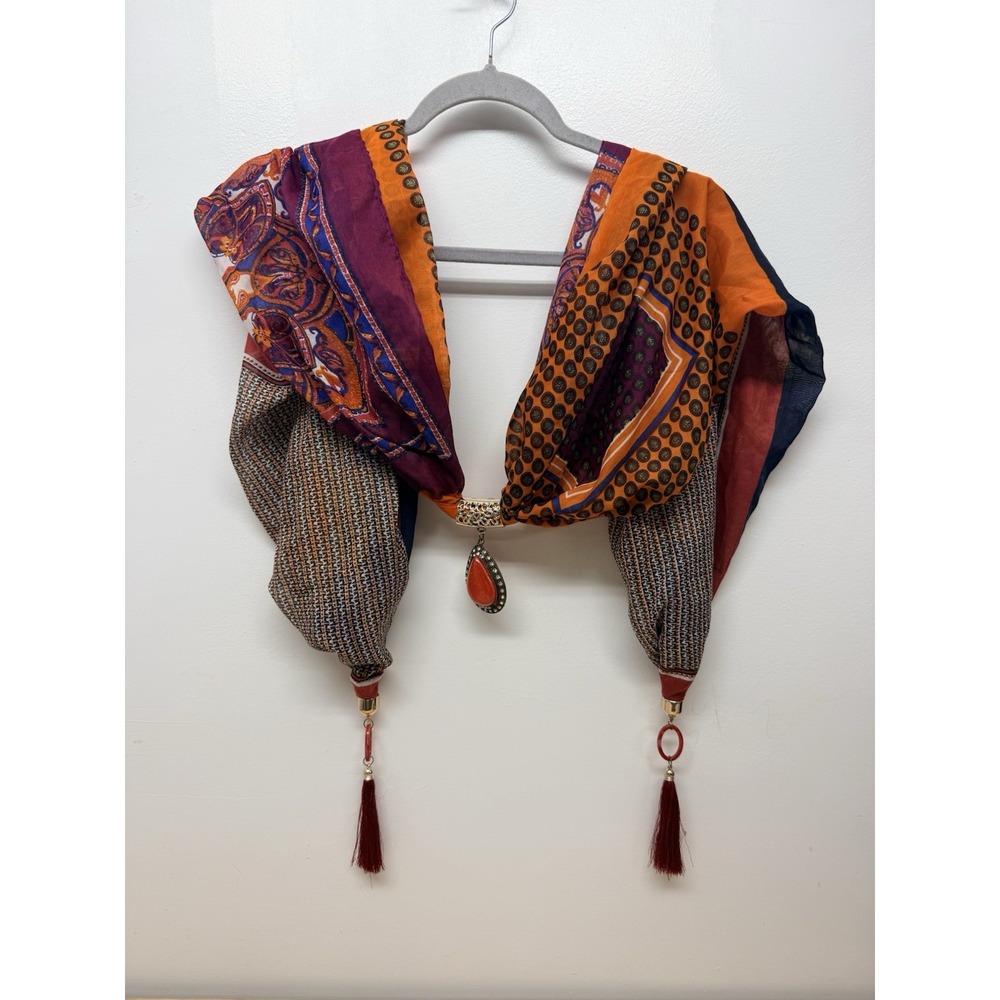 Women's Boho Scarf Necklace Orange Purple Jeweled Pendant Tassel Statement #64 - Picture 8 of 8